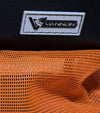 Close-up of a VANNON logo on a black background with orange mesh fabric.