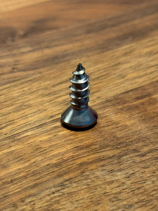 Metal screw on a wooden surface