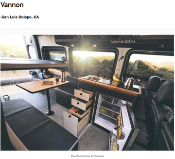 Interior of a van conversion with kitchen setup and 'Vannon' branding.
